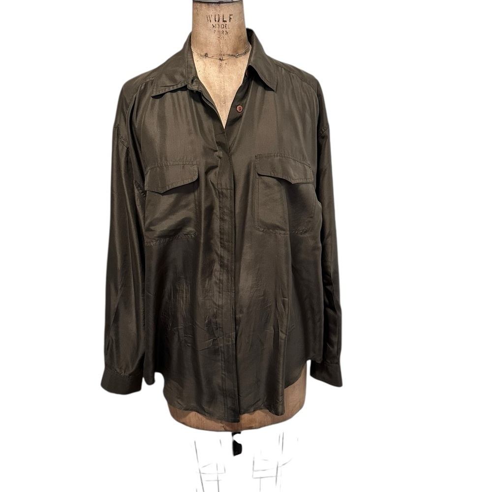 Diane Gilman Olive Green Silk Button Up Blouse Size L Minimalist Career Office